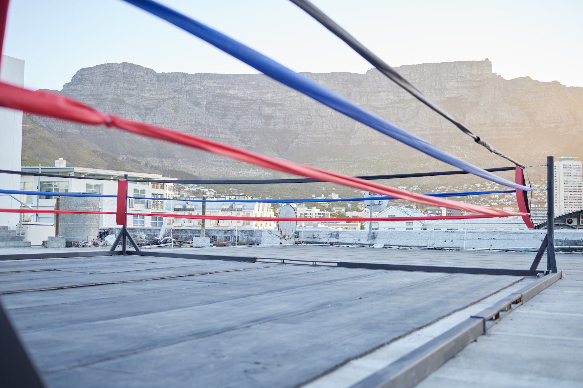 Outdoor, sports and boxing ring in the city for a wrestling competition for athletes or boxers. Out